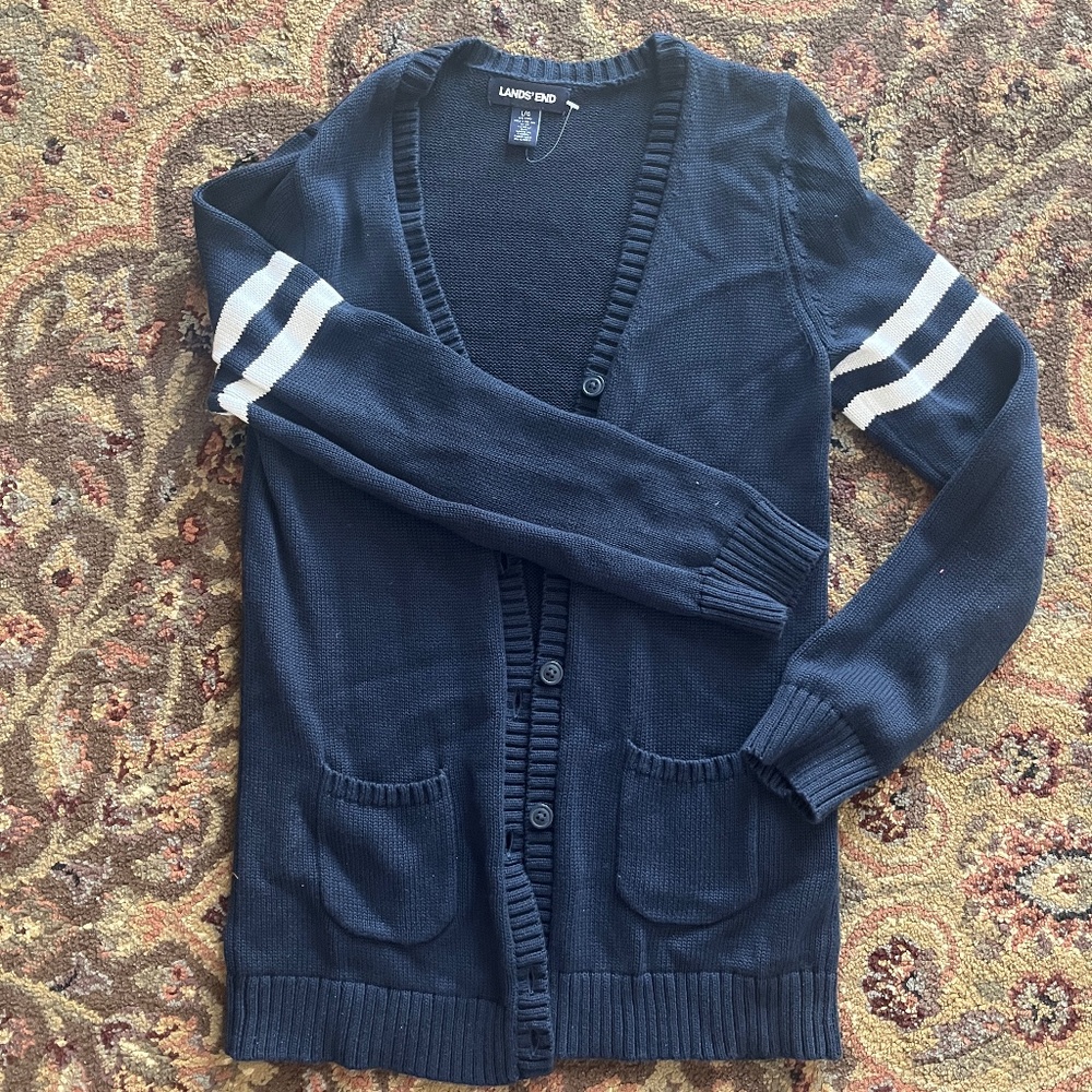 Lands End tennis collegiate striped navy white cardigan 14
